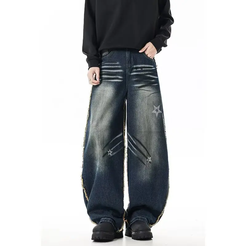 2025 الأمريكية الرجعية Y2K الشارع الشهير القذرة غسلها فضفاض مكدسة الجينز السراويل للرجال الملابس مستقيم سراويل جينز مودا Hombre