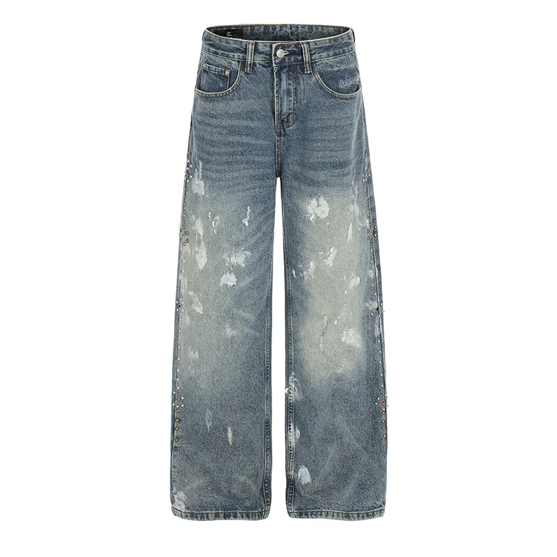 American Style Ink Splash Rivet Design Washed Men's Jeans Niche Chic Blue Denim Wide Leg Pants Straight Trousers