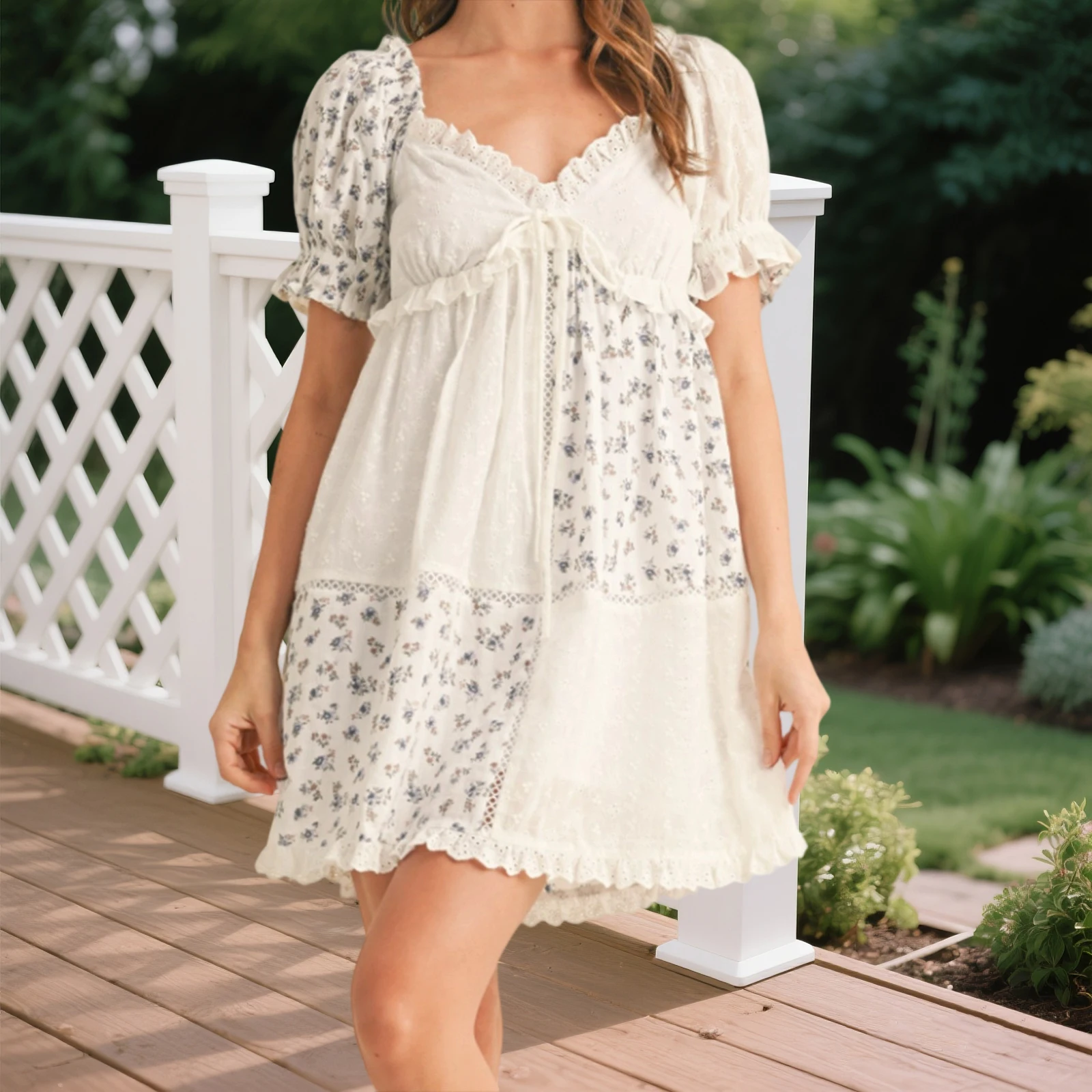 Vestido de maternidad con estampado floral para mujer, pajarita frontal, ribete con volantes, cuello en V, manga corta, minivestido de corte A para primavera y verano