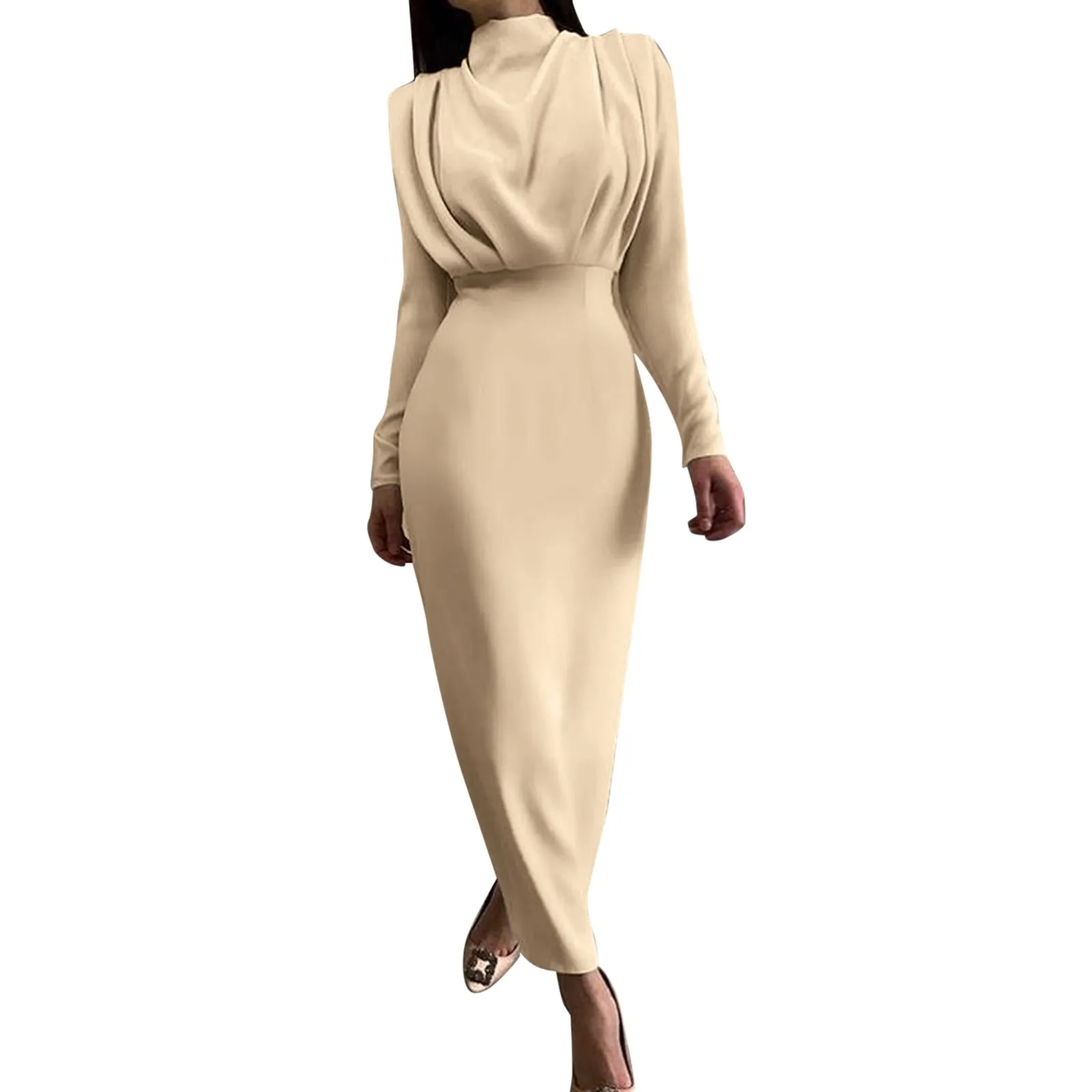 Moda elegante signora abiti da sera da sera 2024 autunno abbigliamento donna mezzo collo alto pieghe impilate manica lunga Slim Midi Dress