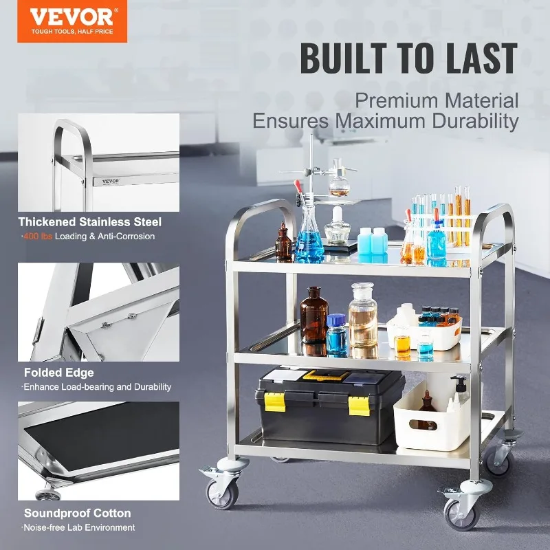 VEVOR Lab Utility Cart 220 lbs Weight Capacity Rolling Lab Cart 3 Shelves Clinic Cart 360° Silent Rolling Wheels w/Foot Brake