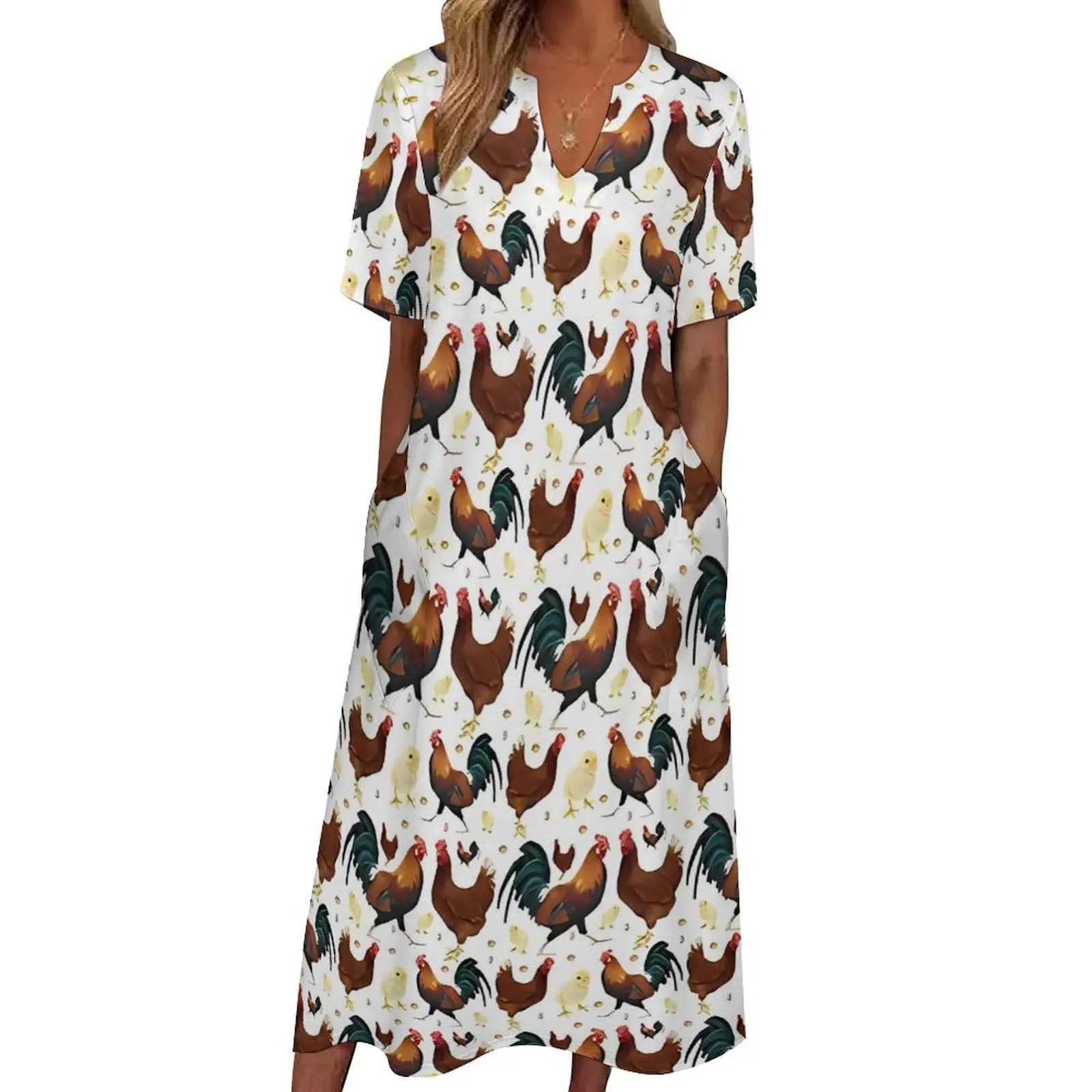 Rooster Chickens Dress Summer Animal Print Streetwear Bohemia Long Dresses Women Pattern Vintage Maxi Dress 3XL 4XL 5XL