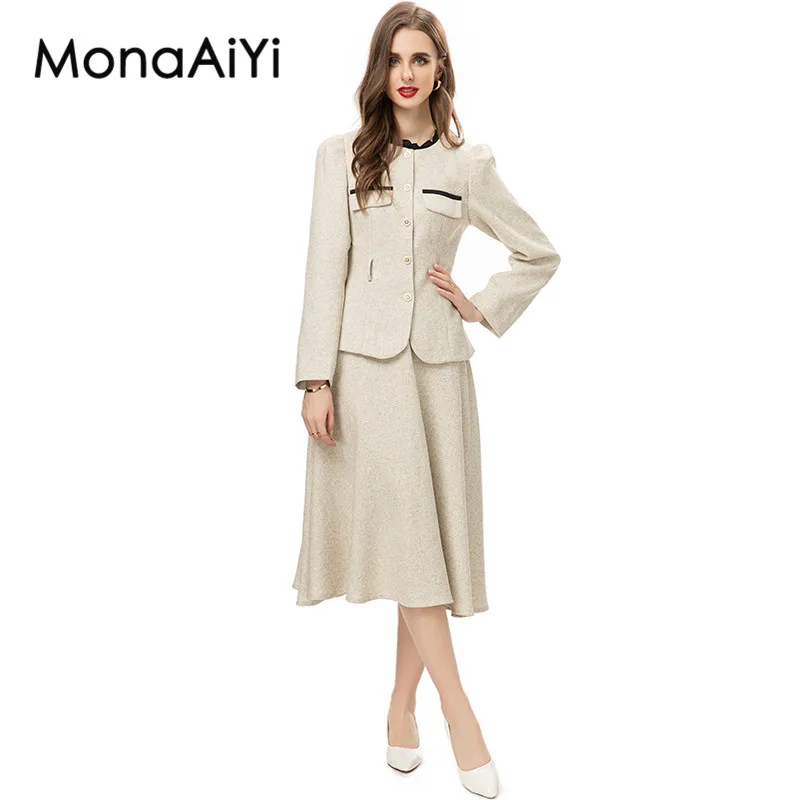 

MonaAiYi HIGH QUALITY Runway Fashion Designer Women's Round Collar Office Lady Belt Coat+Midi Skirt Set 2pcs 2023 Newest