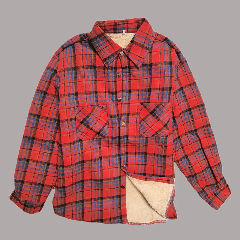 

Fall Winter Men's Cotton Plaid Shirts Jacket Casual Thicken Warm Fleece Lined Flannel Shirts Sherpa Button Down Shirt for Male