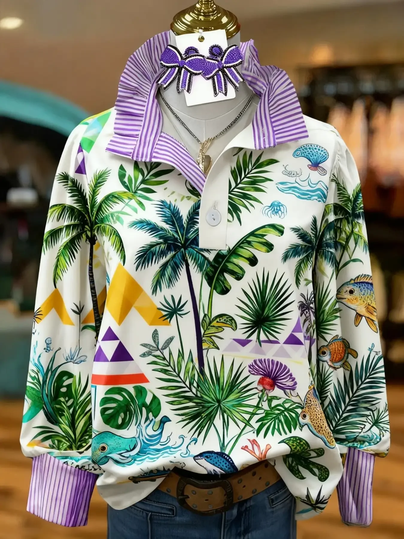 2026 Women's striped retro fashion shirt with multi-color striped collar and Red and black line elements