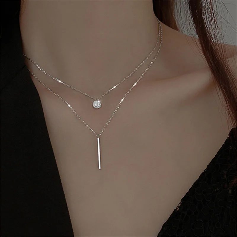 925 Silver Plated Double Layer Chain Zircon Charm Pendent Necklace For Women Girls Elegant Jewelry Gift Choker dz038