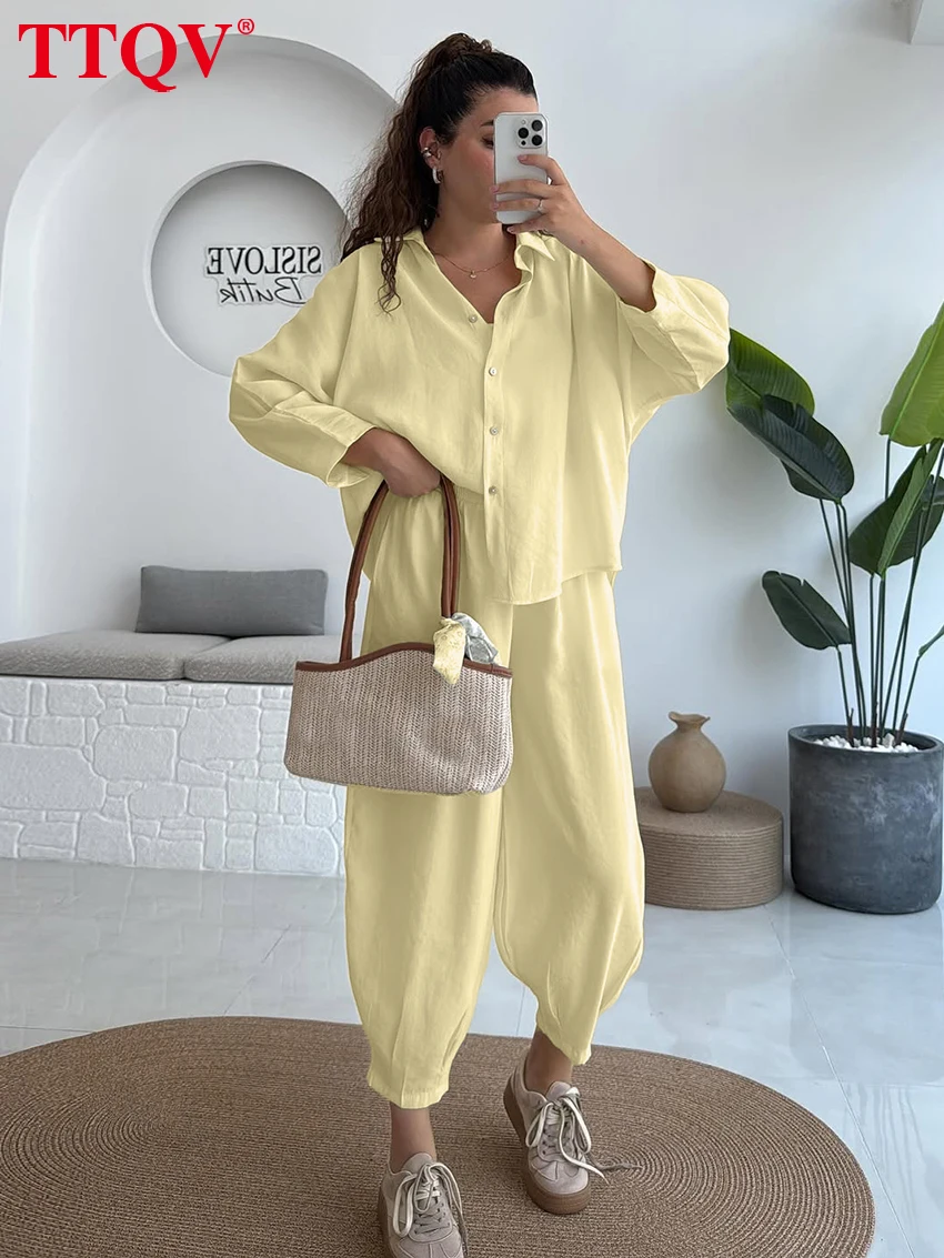 

TTQV Fashion Loose Blue Cotton Women's Two Pieces Set Elegant Long Sleeve Shirt With High Waist Wide Pants Set Female Clothing