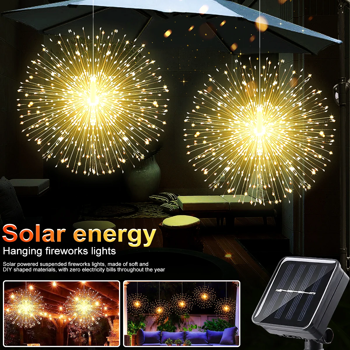 Solar-Feuerwerkslichter für den Außenbereich – 90/150/200 LEDs, 8 Modi, Kupferdraht-Hängelichterkette für Hof, Terrasse, Zelt, Party, Weihnachten