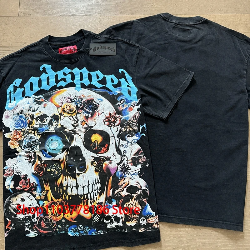 Loose Casual Godspeed T-shirt Pullover American Rock Street Retro Wash Old Short Sleeve Top Skull Flower Print Men's Sweatshirt