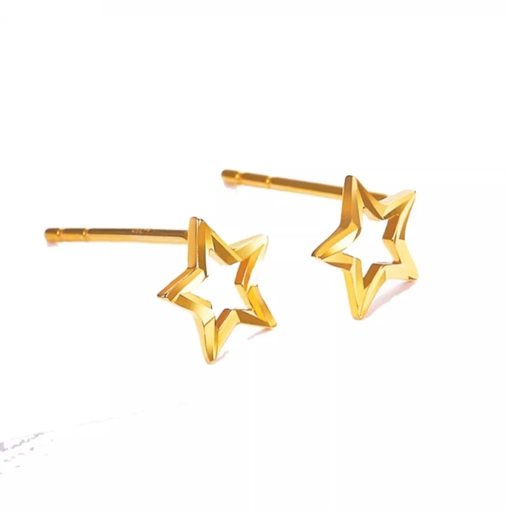 Real Pure 18K Yellow Gold Stud Women Best Gift Lucky Hollow Small Star Earrings 0.75g