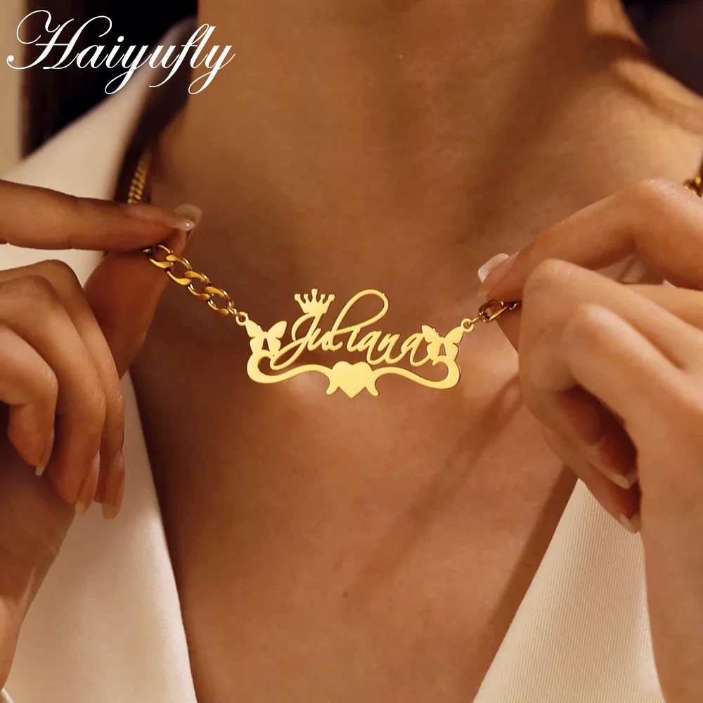 

Haiyufly Custom Name Necklace for Women Men Personalized Heart Nameplate Pendant Stainless Steel Cuban Chain Jewelry Gift