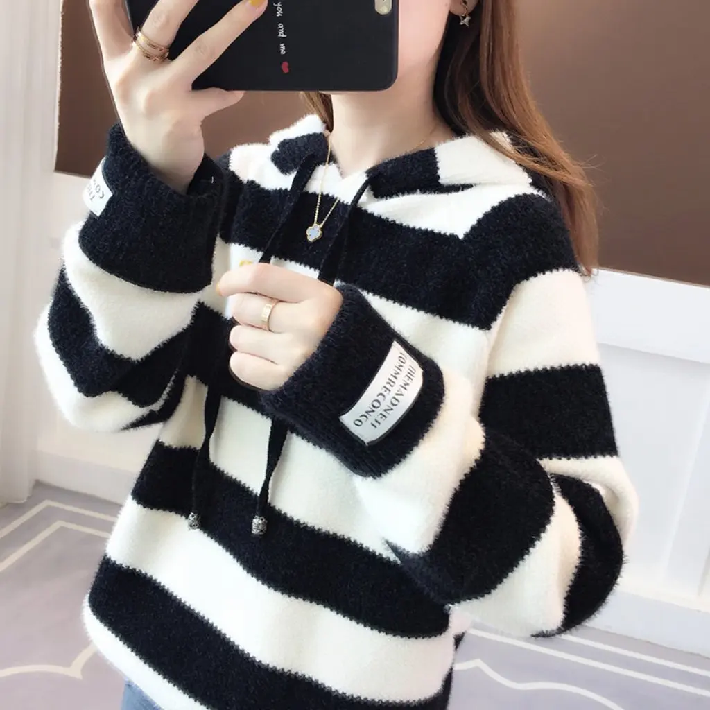 

Women's Faux Mink Fur Hooded Sweater Thick Autumn Winter Chenille Loose Style Student Coat Casual Fashion Upperwear