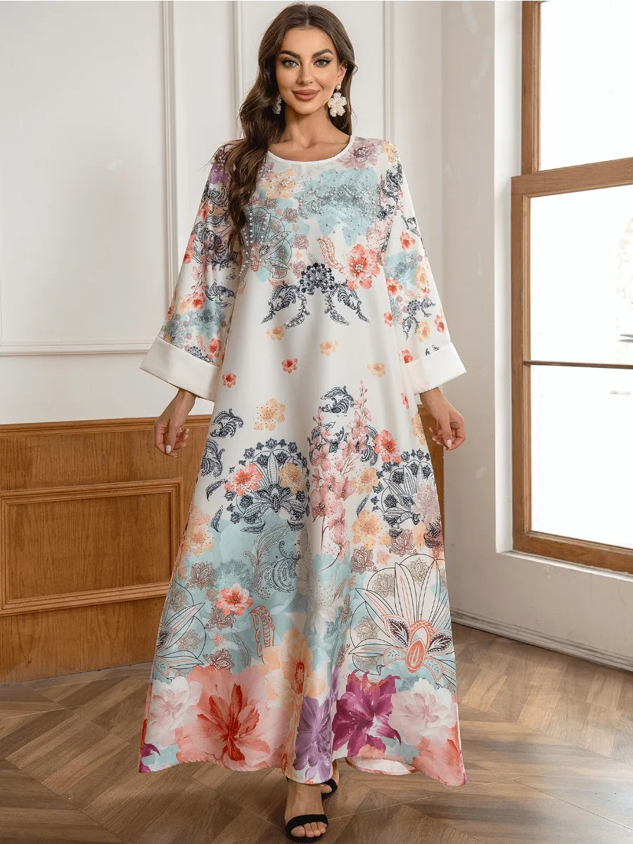 Eid Muslim Party Dress for Women Floral Print Beading Long Dresses Ramadan Abaya Kaftan Vestidos Largos Dubai Robe Jalabiya 2024