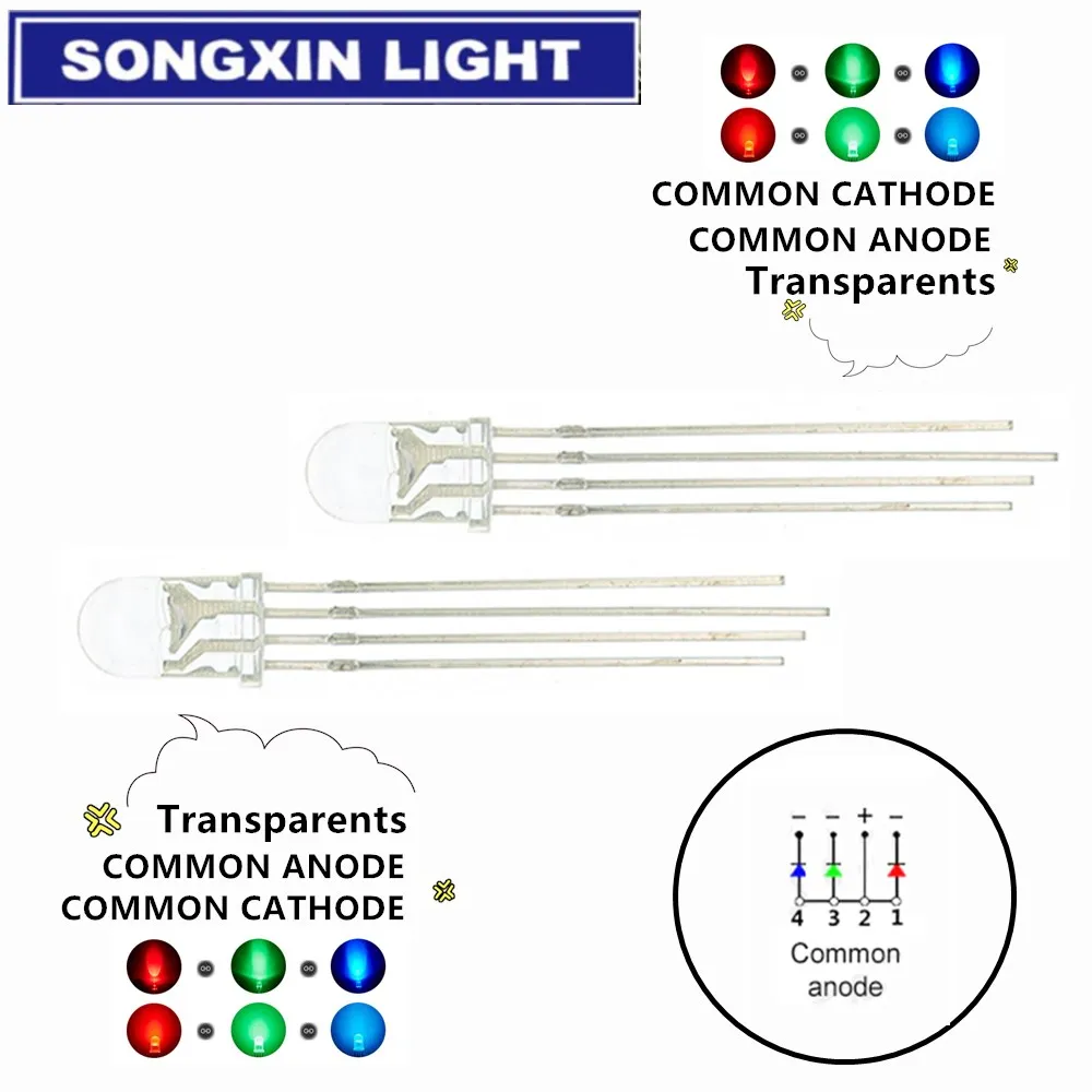 SONGXIN 100pcs 5mm RGB LED Common Cathode / Common Anode Tri-Color Emitting Diodes f5 RGB Diffused / Transparent Highlight image 3