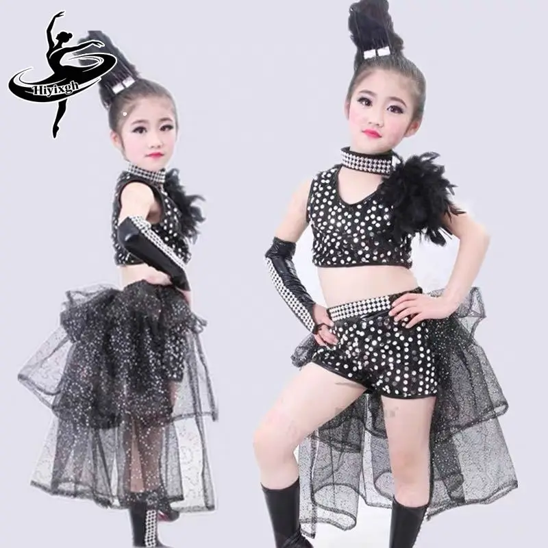 

Детский костюм для джазовых танцев с пайетками, пышная юбка для джазовых танцев, полный комплект для выступлений