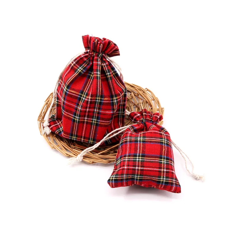 Custom. In Stock Red Plaid Cotton Drawstring Bags Candy Bags Packaging Bags