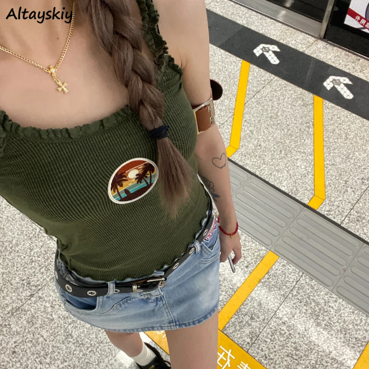 Camisola Retro verde militar para mujer, Tops cortos ajustados, hongo de árbol comestible, estilo americano Y2k picante, básico, informal, combina con todo, Chic