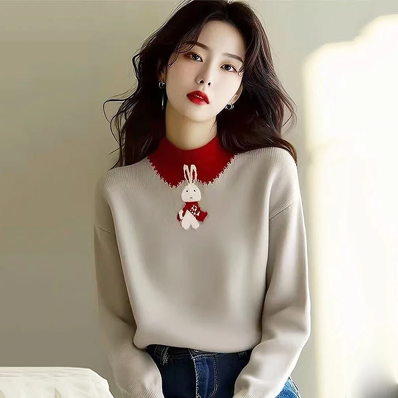

Элегантный вязаный топ с кроликом, женский свитер с воротником и длинным рукавом, повседневный тонкий пуловер, корейская мода, простая шикарная одежда SL245