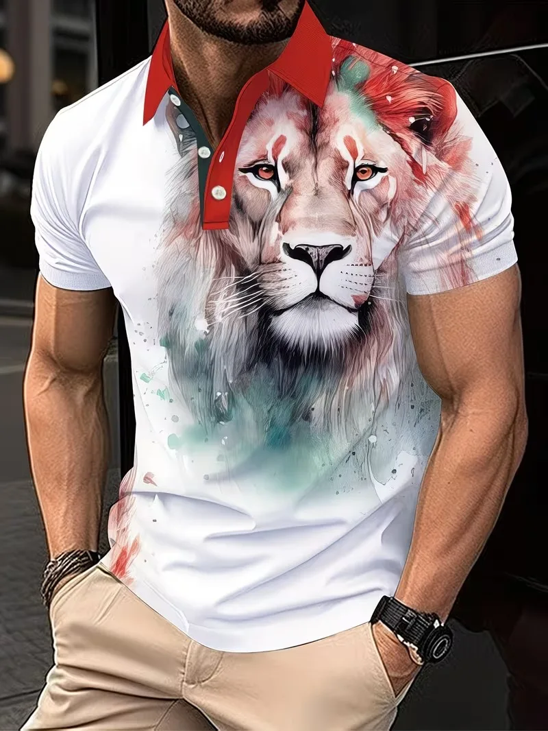 

New Fashion Men's Lapel Polo Shirt Cool Animal 3D Lion Print Design Comfortable Loose Tee Round Neck Streetwear T Shirt for Man