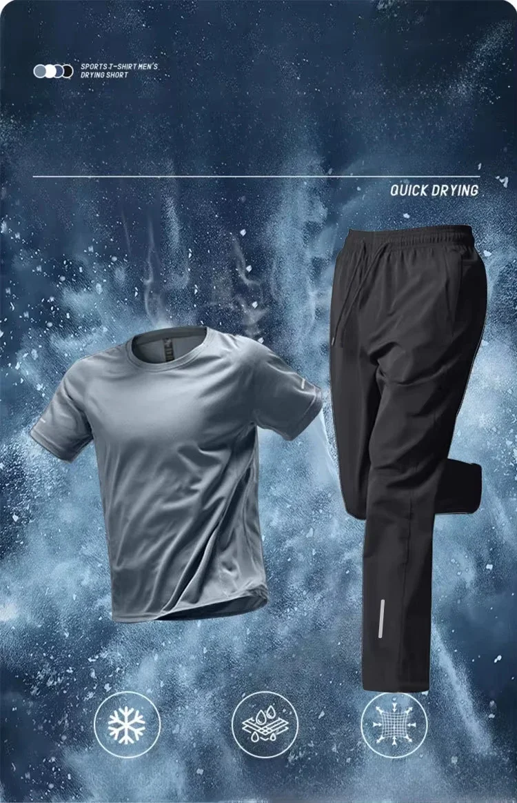 2Pcs Men's Sportswear Summer Fall Ice Silk Loose Running Training Clothes Quick Dry Breathable T-shirt Outdoor Fitness