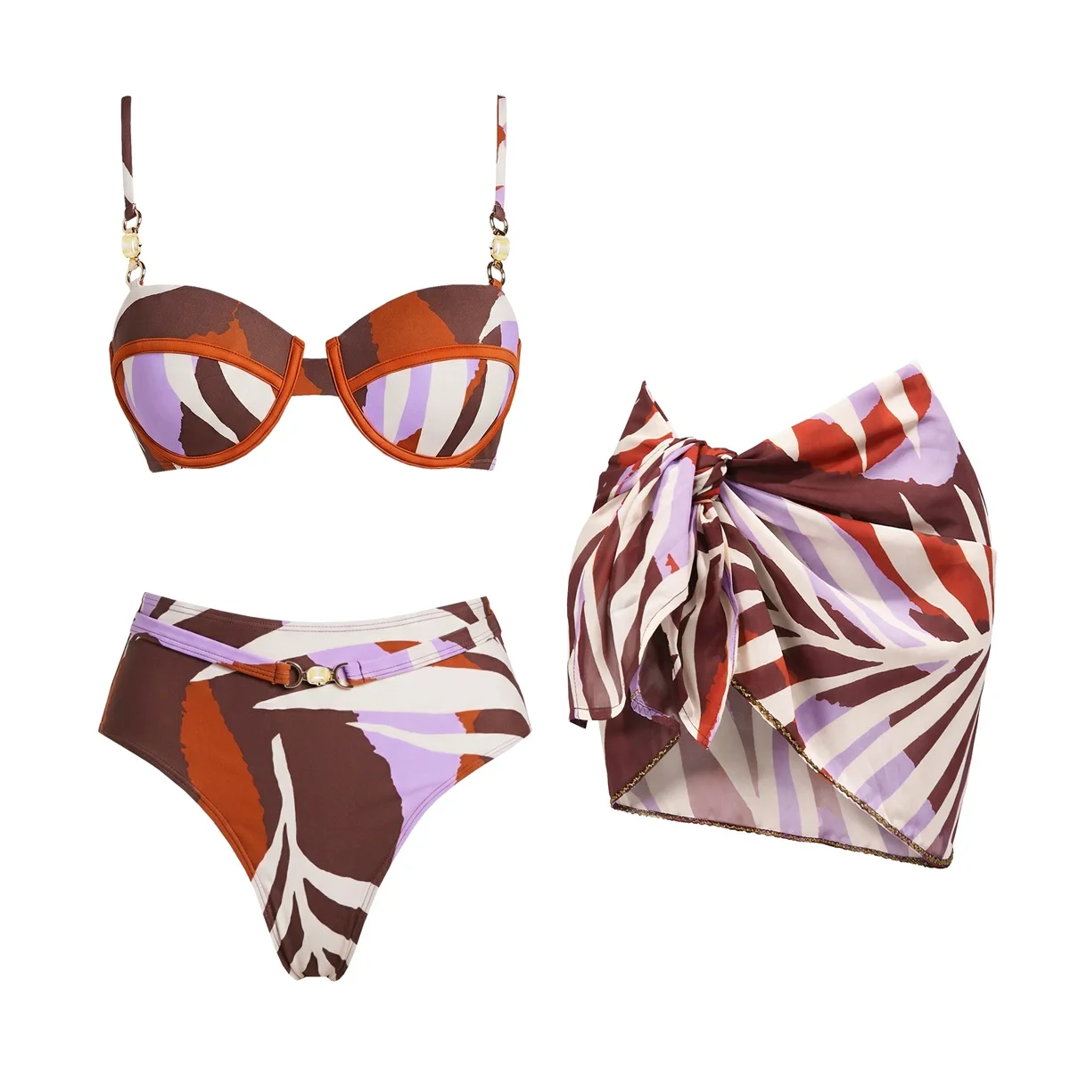 3Pcs Push Up Bikini New Bandeau Biquini Women Sexy Swimsuit Female Printed Swimwear High Waist Bathingsuit Swim Suit Beachwear