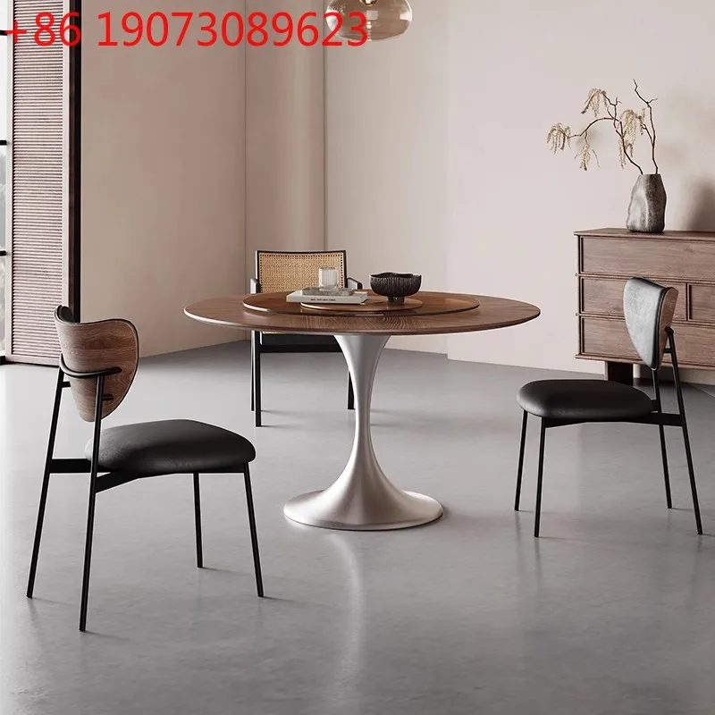 Mesa de jantar redonda de madeira maciça creme novo aço inoxidável francês retro medieval pequeno apartamento doméstico