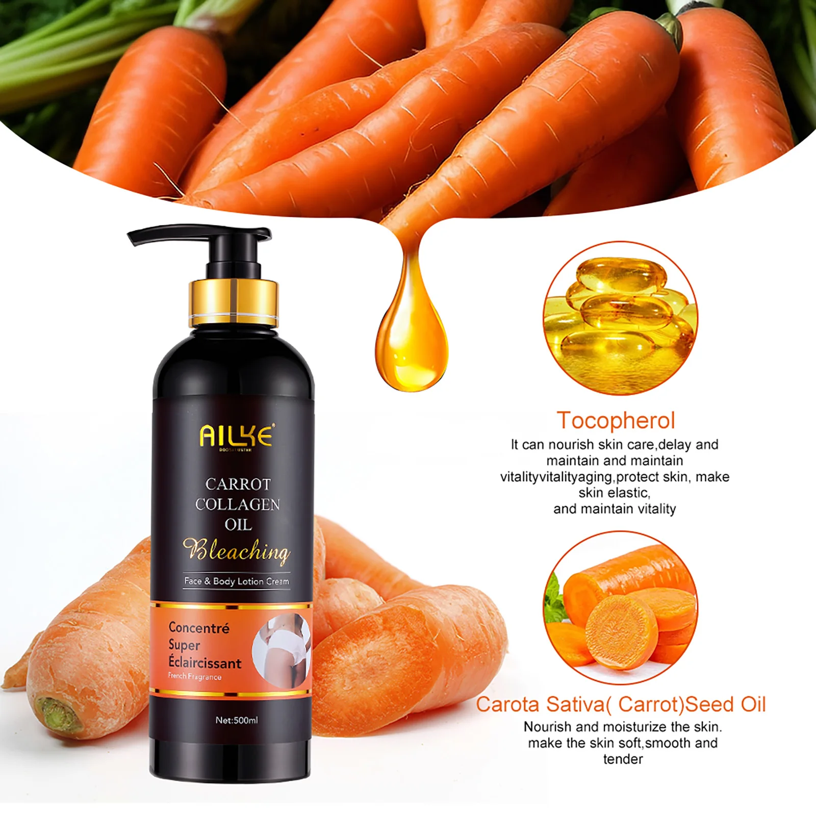 Collagen whitening body lotion, clarifying, moisturizing, brightening, containing organic carrot oil, radiating skin, even compo