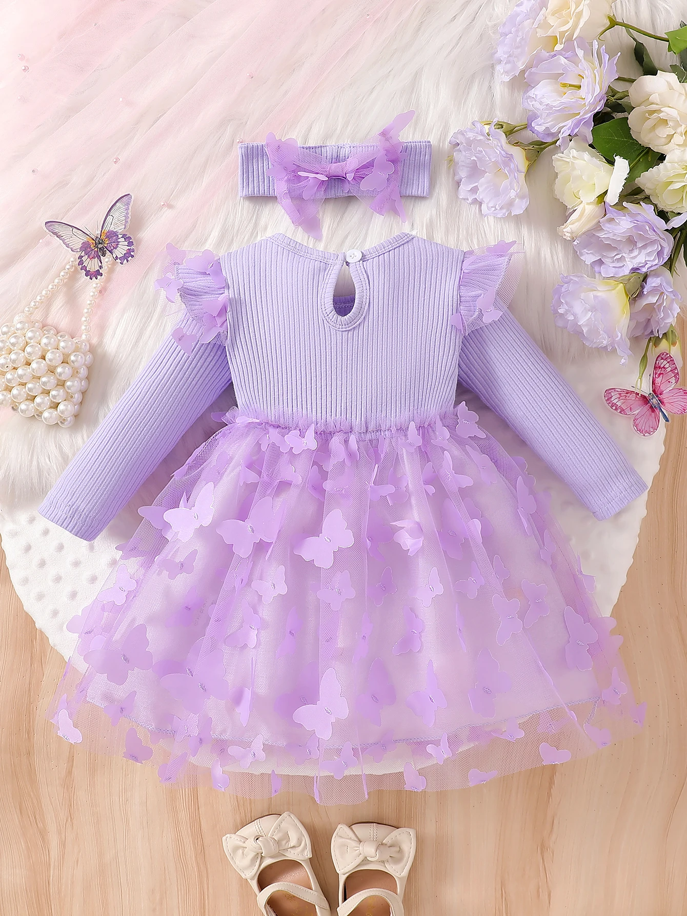 Newborn Baby Girl 2Pcs Set Purple Long Sleeve Crew Neck Lace Butterfly Tulle Spliced Dress Cute Princess Party Outfit Spring Aut
