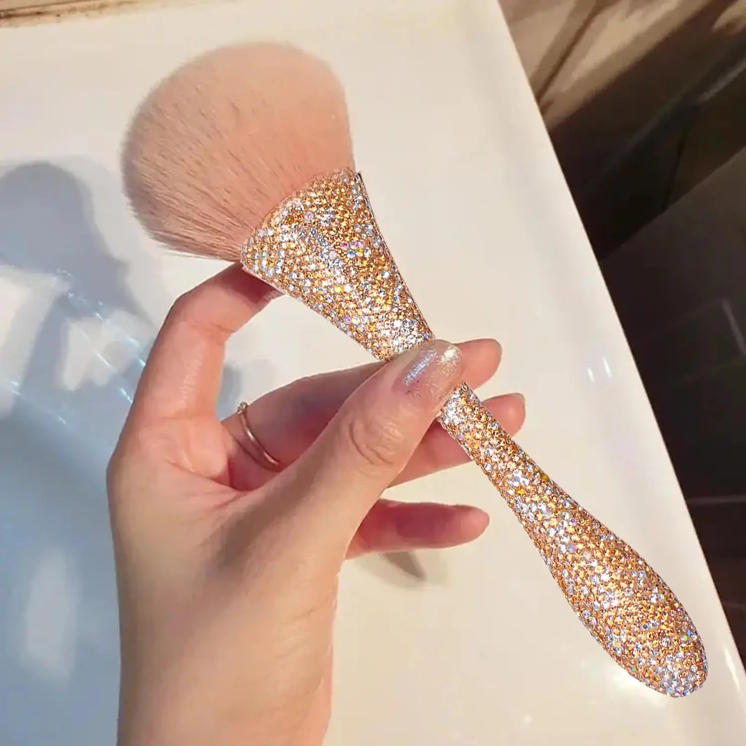 Multi-color diamond encrusted nail dusting brush, acrylic nail powder removal tool brush for nail salon or home daily makeup.