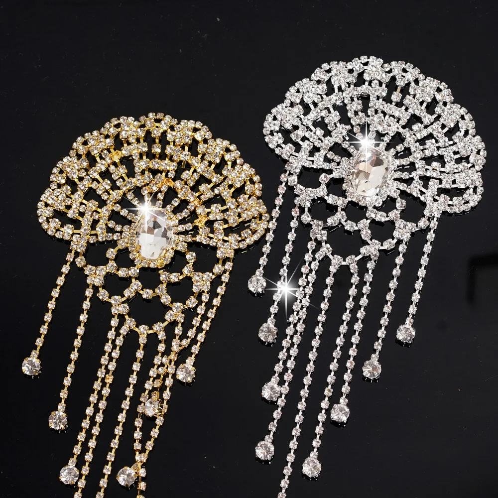 Exquisite Fan Shaped Rhinestones Applique Glitter AB Shining Crystal Fringe Motif Patch DIY Sewing Clothing Bag Dress Decoration