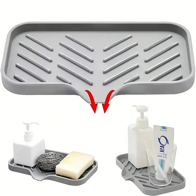 Kitchen storage rack sink silicone tray with drainage soap sponge storage rack countertop sink wiping soap storage convenient fo view 5