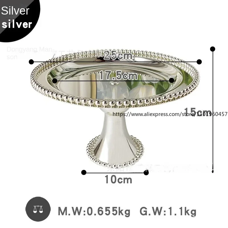 Fashion Silver Metal Cake Stand Dessert PlateS with Beads Decor Desktop Storage Tray for Wedding Decoration