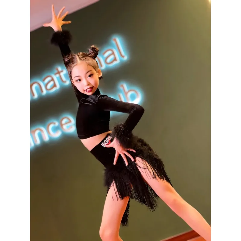 Children's Latin dance autumn and winter feather professional dance performance costume Velvet Cha-cha girls practice and dance
