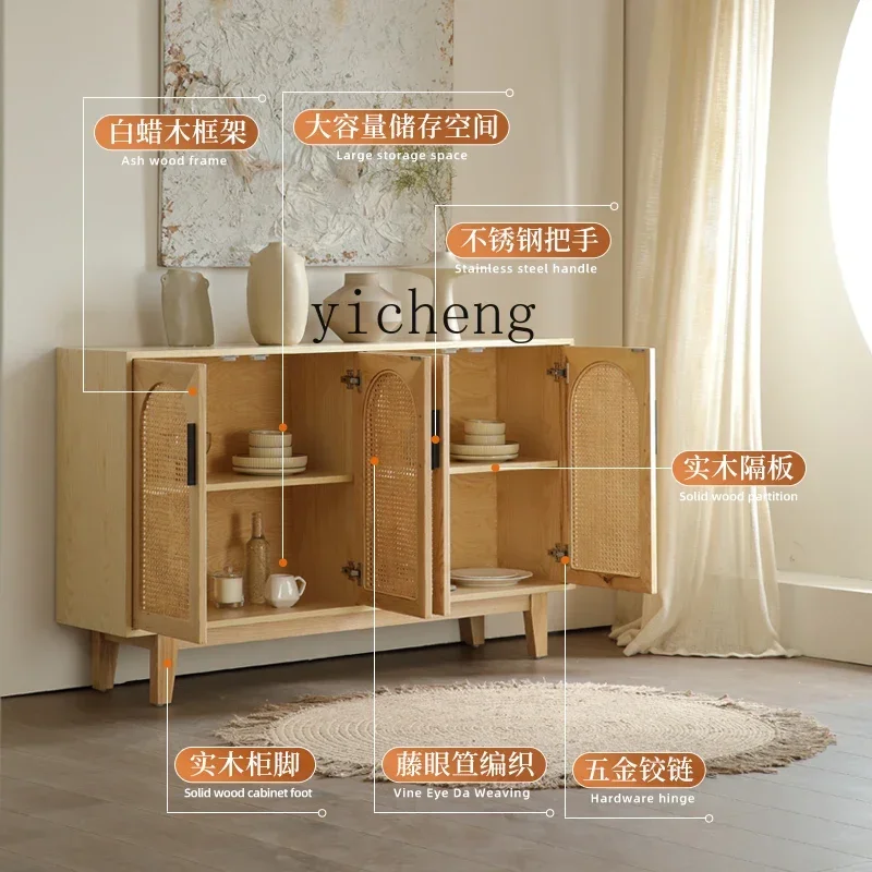 

TQH side cabinet solid wood home living room home shoe cabinet simple rattan storage wabi sandy wind bed and breakfast storage