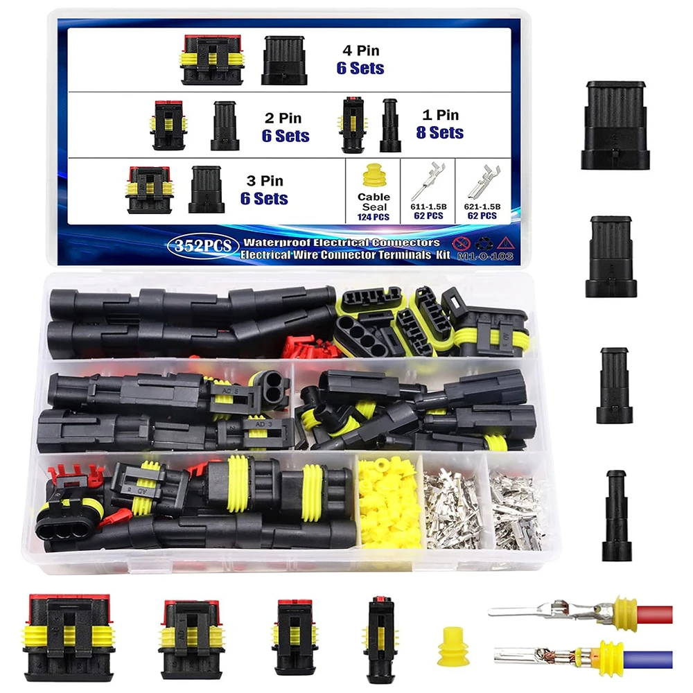 

352Pcs Waterproof Car Electrical Connector Kit,1/2/3/4 Pin Way Terminal Wire Connector Plug Male and Female For Car Motorcycle