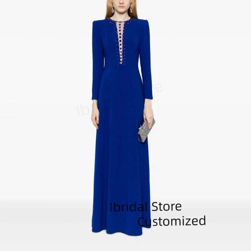 Vestido de noche elegante personalizado, vestidos de fiesta de boda con cuello en V profundo de cristal, vestido de noche Formal de sirena de manga larga para mujer