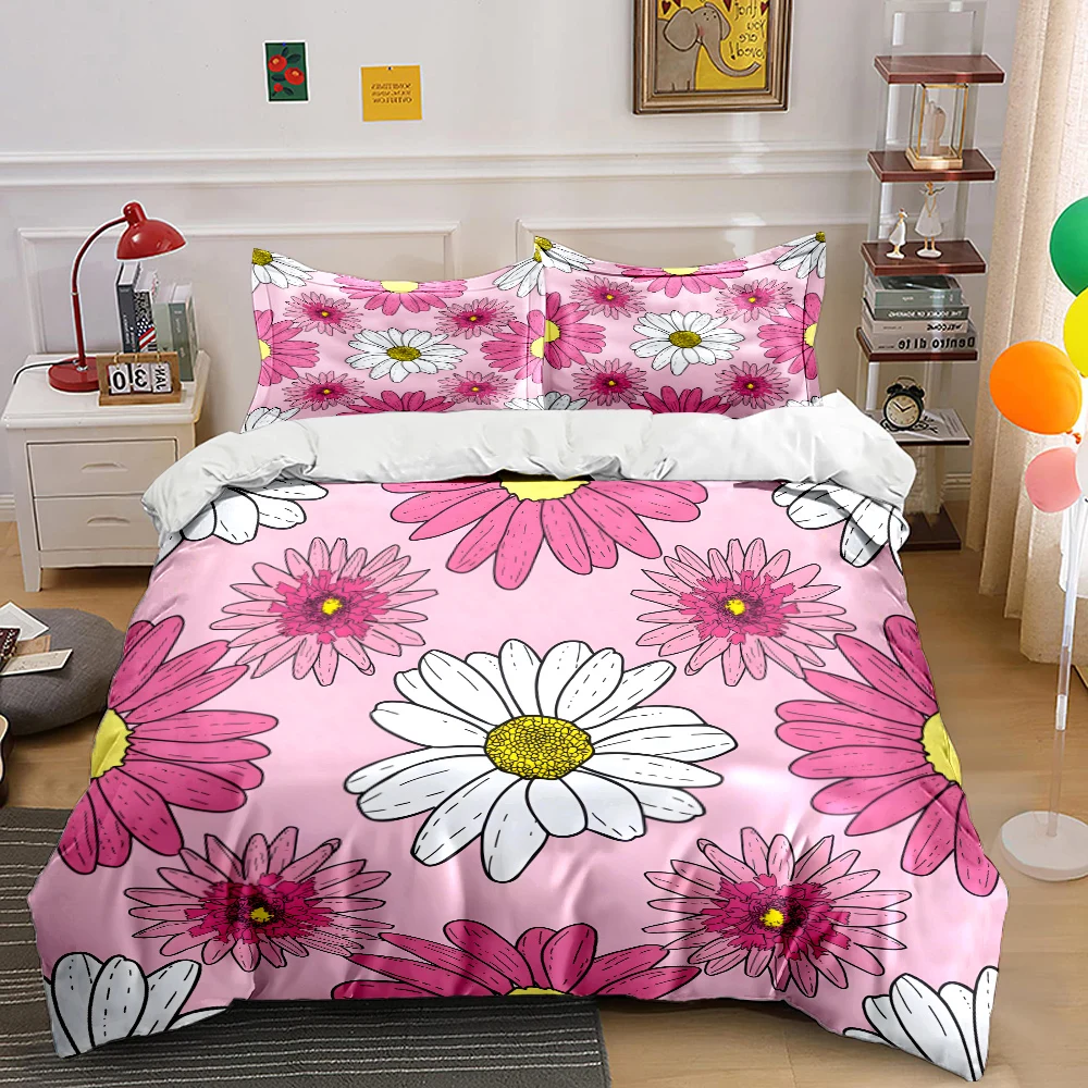 Weiches, bequemes Bettbezug-Set mit rosa und weißen Gänseblümchenmuster-Print, inklusive 1 x Bettbezug und 2 x Kissenbezügen