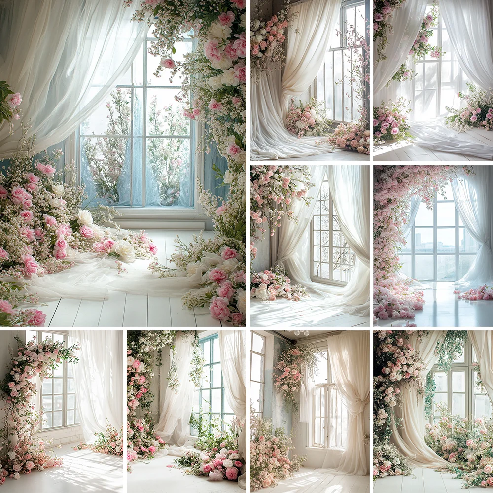 

Wedding Backdrop for Photography Flowers Curtain Window Bridal Shower Bride Portrait Photo Background Photo Studio Photobooth