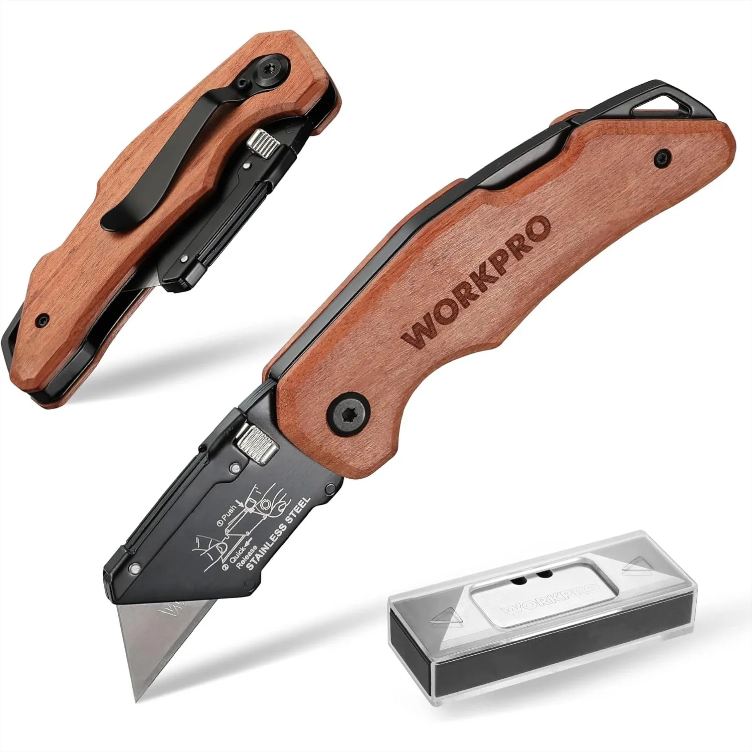 

Folding Utility Knife with Stainless Steel Head, Quick-Change Blade & Back Lock, Heavy Duty Box Cutter with Wood Handle and 10