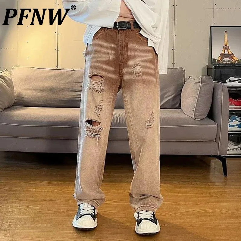 

PFNW High Street Straight Jeans Men's New American Hole Gradient Design Loose Male Trousers 2024 Autumn Pants Fashion 28W4695