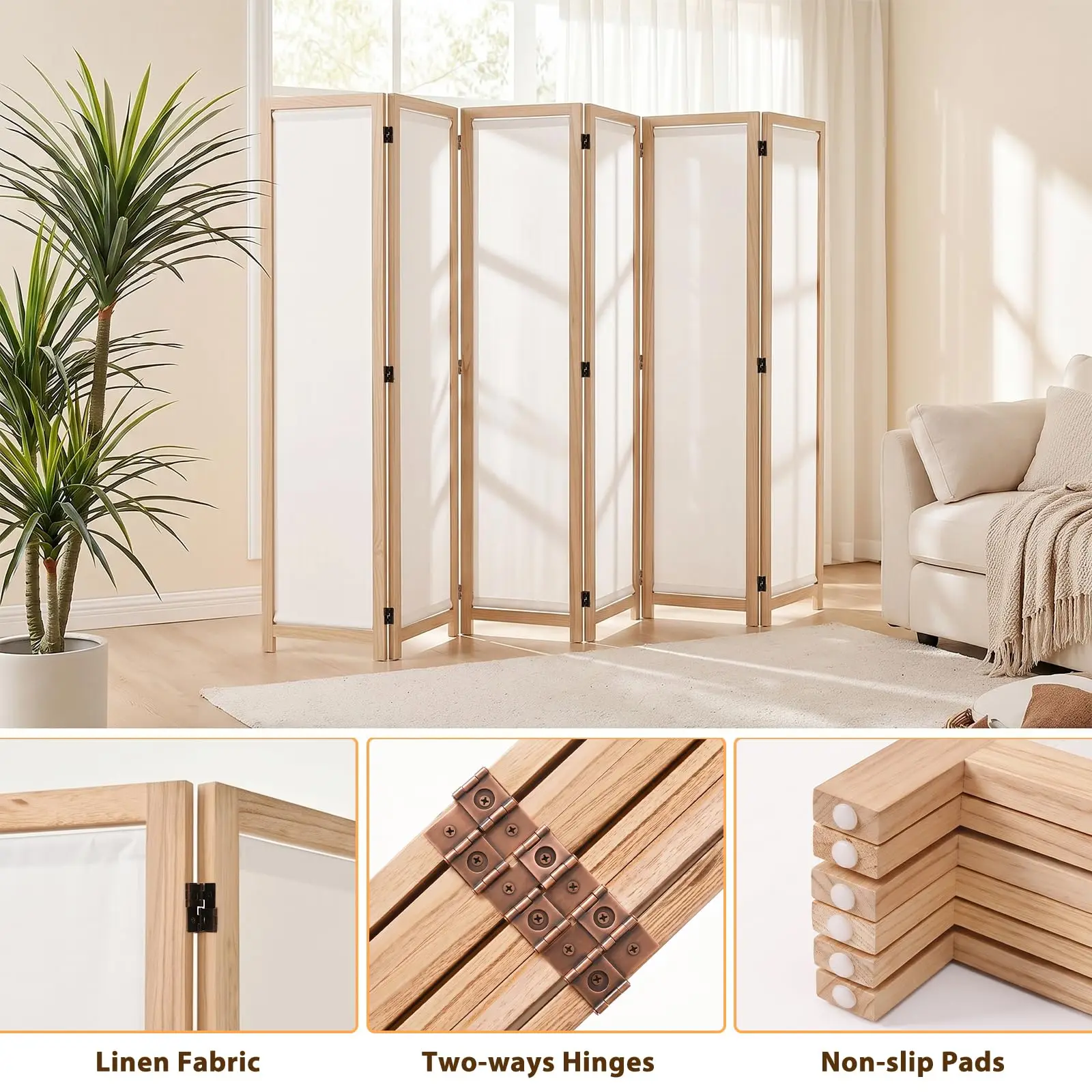 Wood Room Divider Panel with Linen Fabric, Boho Folding Privacy Sn 67