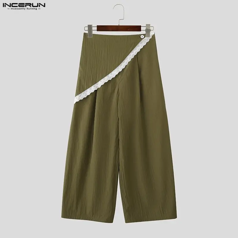 

INCERUN Men Pants Lace Patchwork Button Joggers Casual Trousers Men Streetwear Loose Fashion Leisure Male Wide Leg Pants S-5XL