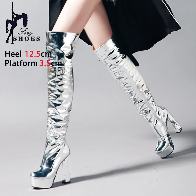 Thigh High Stripper Boots Mirror Face Ladies Round Toe Chunky High Heels Club Party Platform Shoes Over The Knee Boots For Women