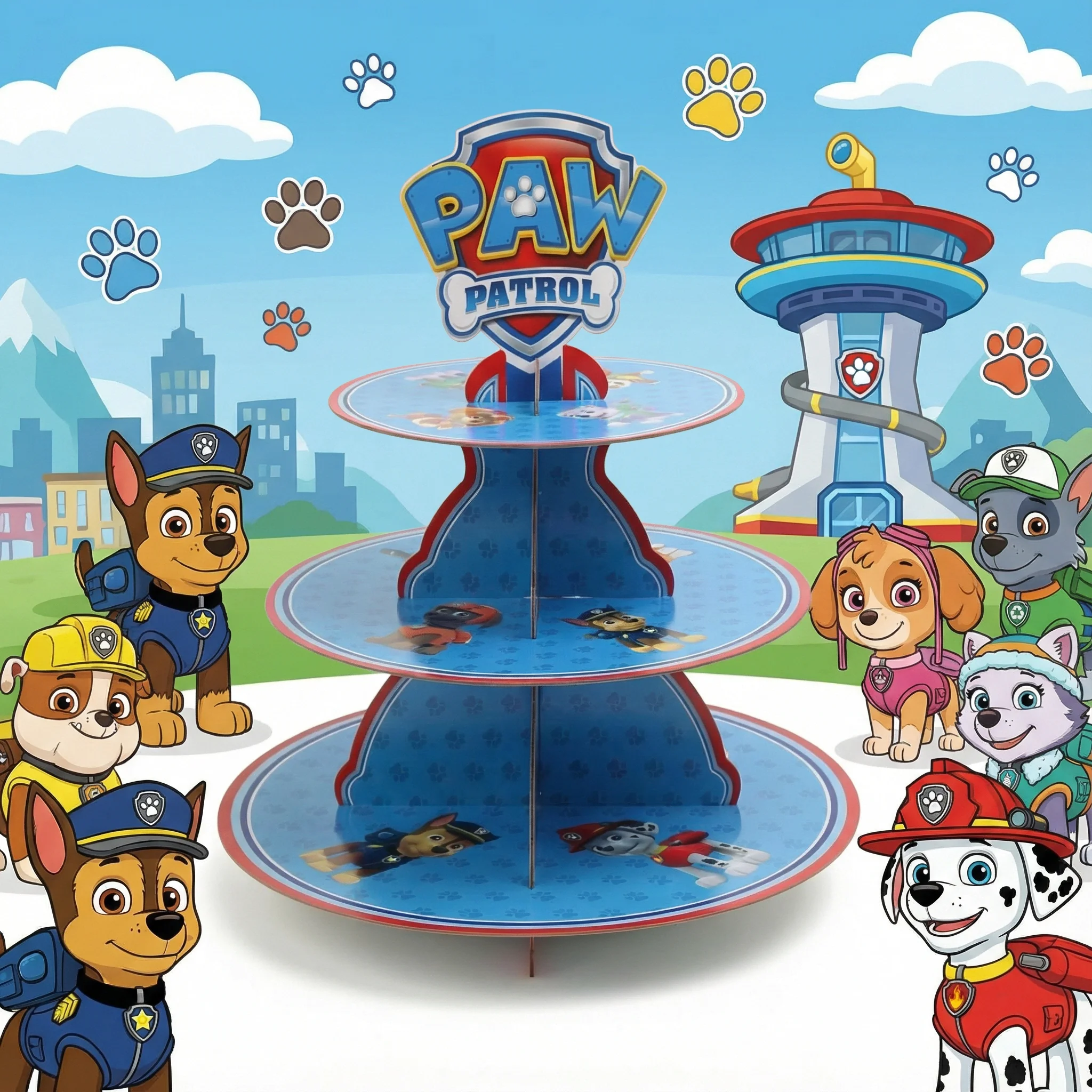 Paw Patrol – support à gâteaux rotatif à Triple niveau, présentoir à desserts pour fête d'anniversaire à thème pour enfants, décorations canines de patrouille de dessin animé