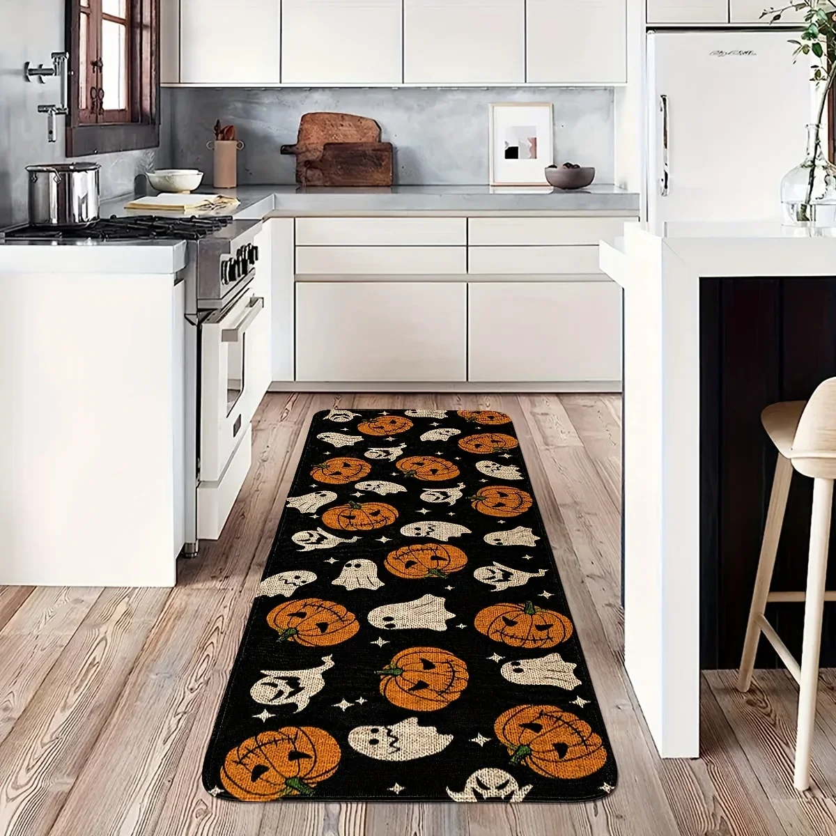 VIKAMA Halloween Dekor Teppich Küchenteppich Wasserdichter Flurteppich Kürbis Geist Bodenmatte Fußmatte Wohnzimmer Teppich für Schlafzimmer Dekor
