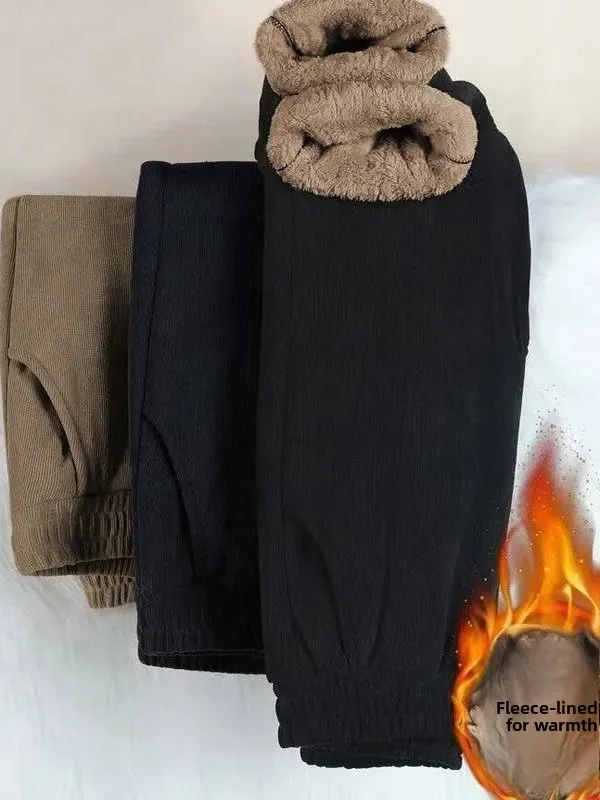 Extra Thi Fce Gevoerde Hoge Taille Katoenen Broek Dames Winter Plus Size Elastische Taille Lange Broek Warme Comfortabele Retro Sle