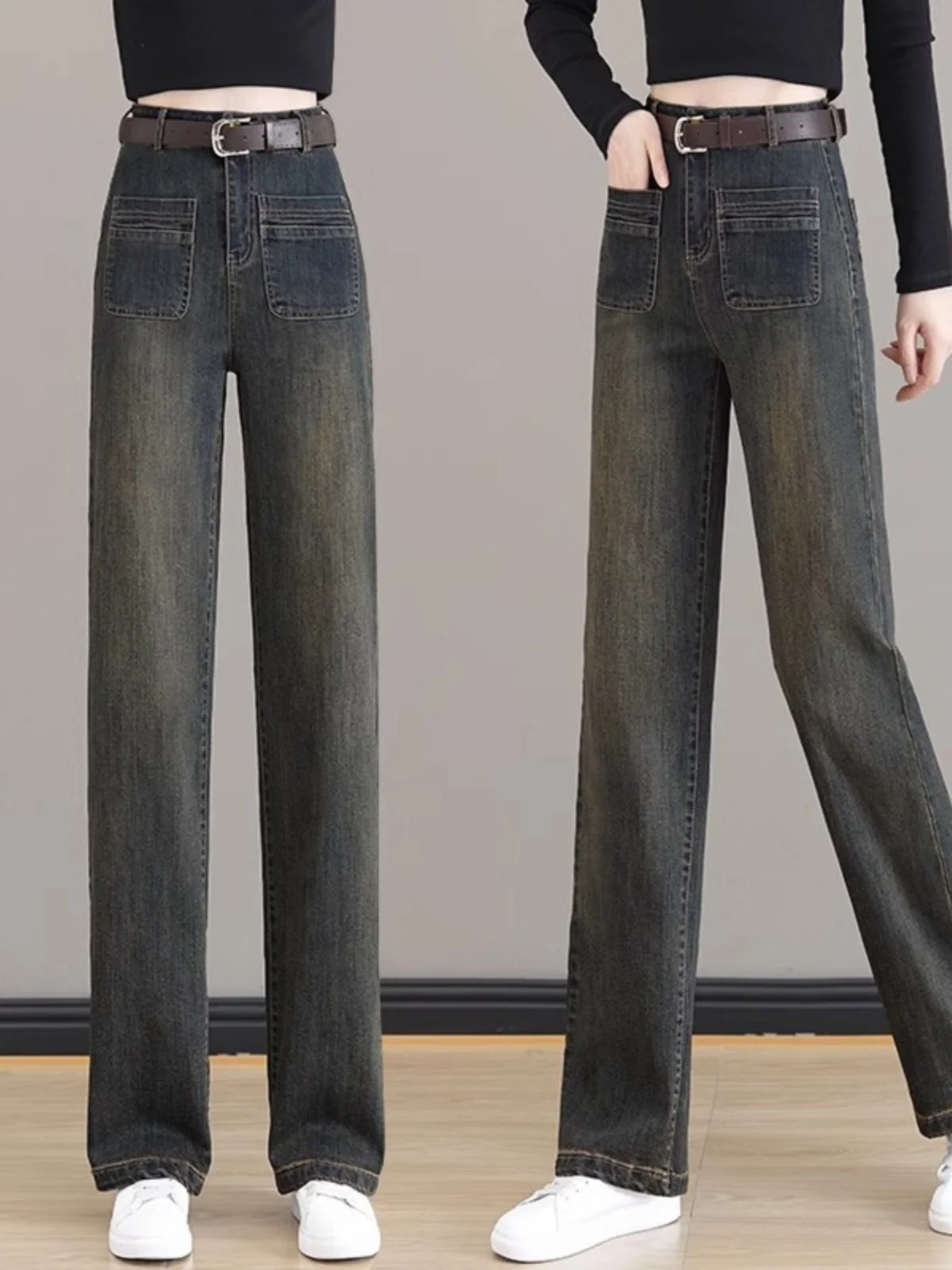 

Женские джинсы с высокой талией и прямыми штанинами, весна-осень 2025, новые, свободные, повседневные, ретро, утягивающие, широкие брюки, цвет цементный серый