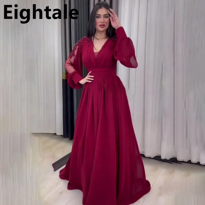 2022 Eightale Burgundy Chiffon A Line Long Sleeve Arabic Evening Dress for Wedding V Neck Prom Gowns Formal Celebrity Gown