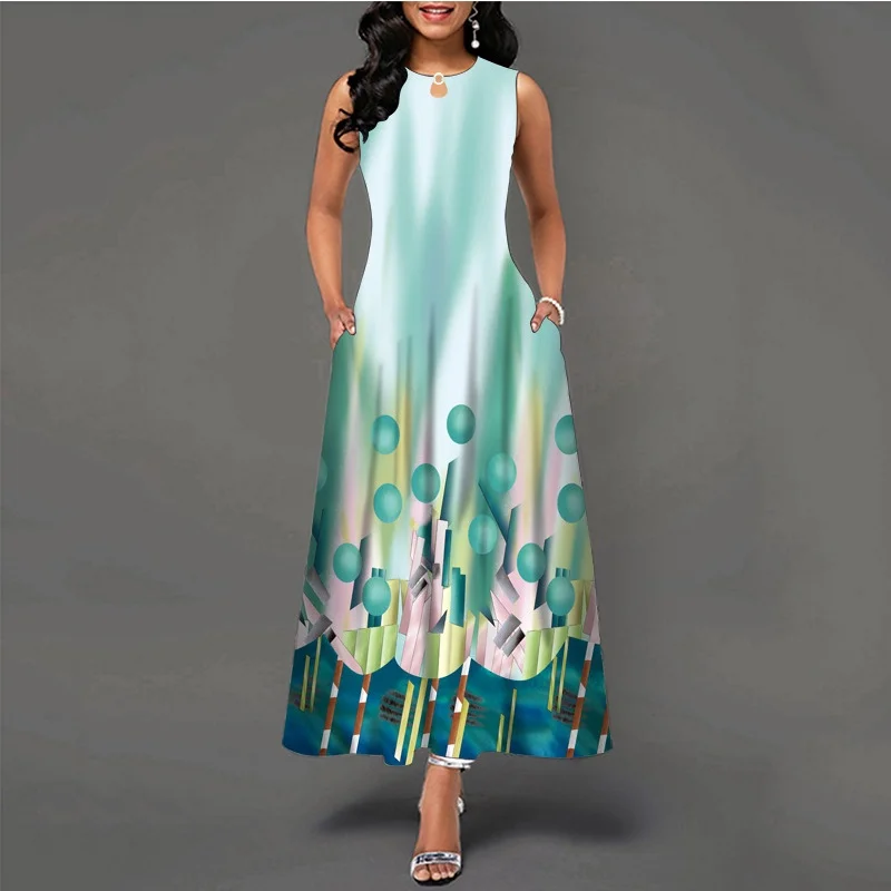 Summer Casual Sleeveless Print Butterfly Pattern Maxi Dress A-LINE Boho Pocket Vintage Plus Size Dresses  Sexy Dress