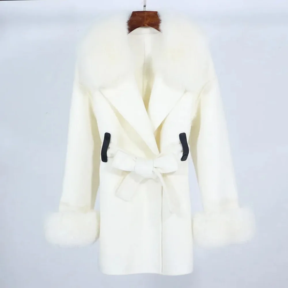 OFTBUY Real Fur Coat 2024 Autumn Winter Style Loose Casual New Fur Jacket Removable Fox Fur Collar Cashmere Coat Women Wool Coat